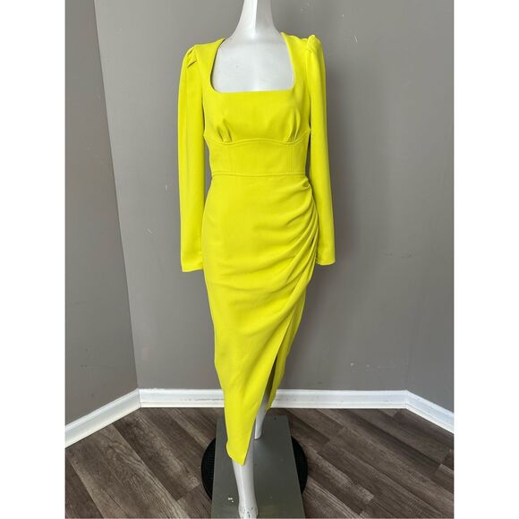 SELF PORTRAIT GREEN CREPE RUCHED MIDI DRESS - Picture 5 of 13